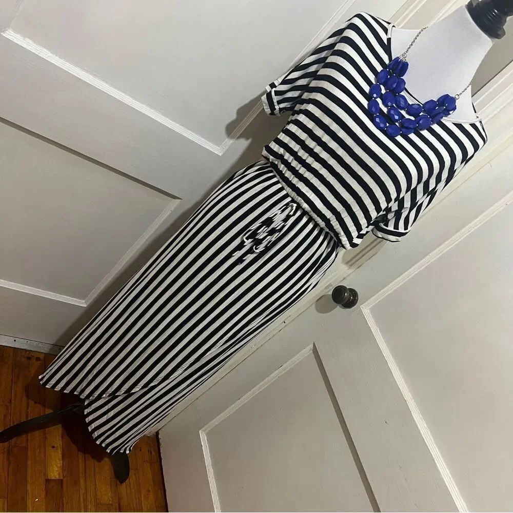 Annabelle Black and White Striped faux wrap maxi with pockets! Women's large